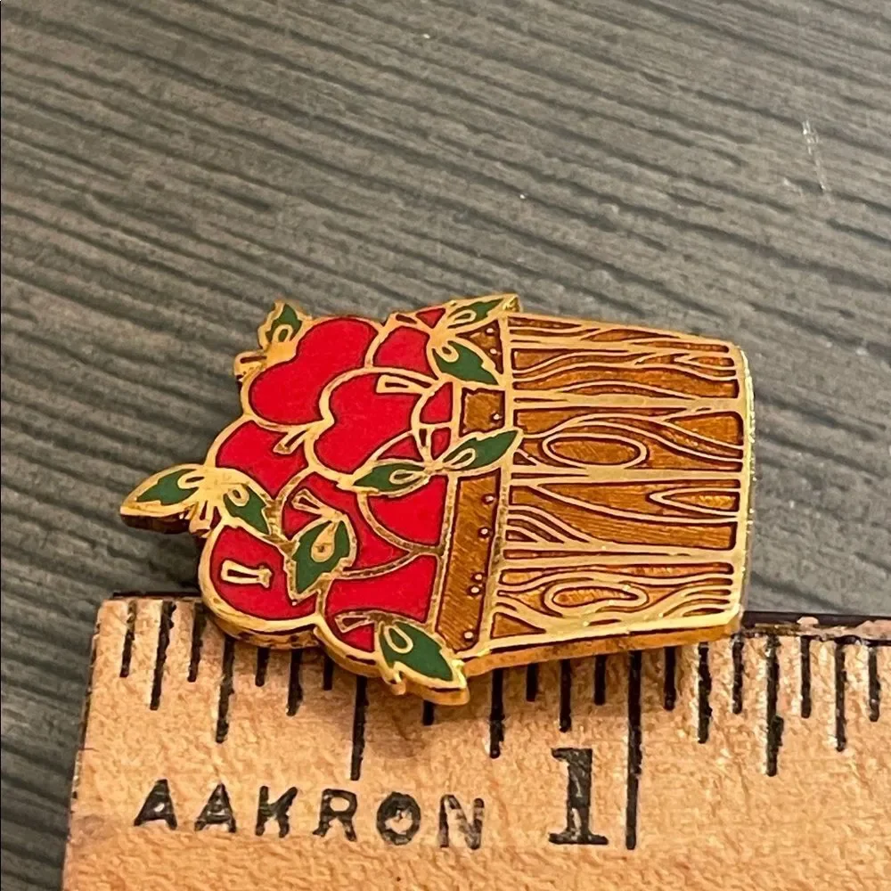 Vintage Hallmark Cards Inc. Enamel - Cloisonné Apple-in-a-basket Pin - Brooch